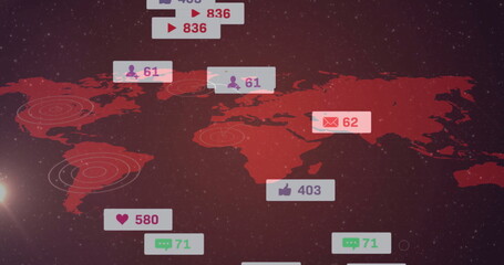 Displaying stylized red world map on starry sky, with floating social media icons and radar rings