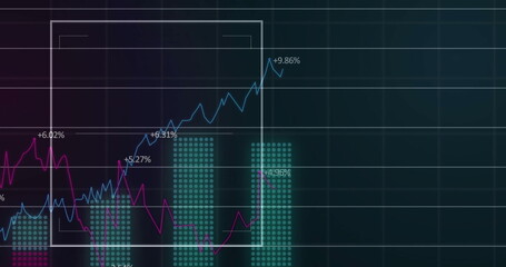 Displaying chart showing blue purple lines, dotted bars, highlight box on dark screen, % labels