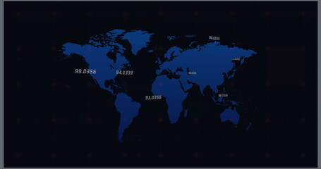 Displaying blue world map graphic on navy grid background, showing floating numeric data labels