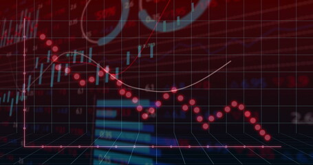 Displaying red dotted downtrend line slicing grid screen, with blue candlesticks, white curve