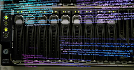 Displaying rack server storage unit processing data in data center, with status LEDs, code overlay