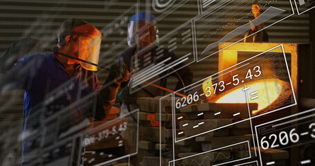 Foundry team wearing face shields pouring molten metal in foundry, with crucible and digital overl