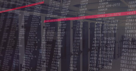 Displaying terminal text overlay highlighting error messages inside data center with server racks