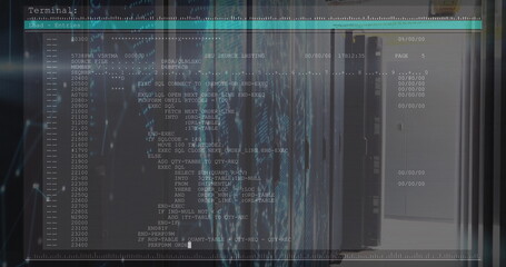 Displaying server cabinets with blinking lights and cables in data center aisle with SQL overlay