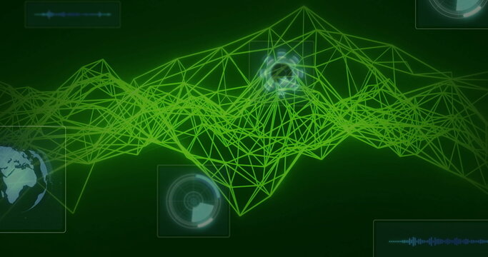 Animating wireframe mesh peaks on digital dashboard, with globe, circular HUD, waveform panels - Powered by Adobe