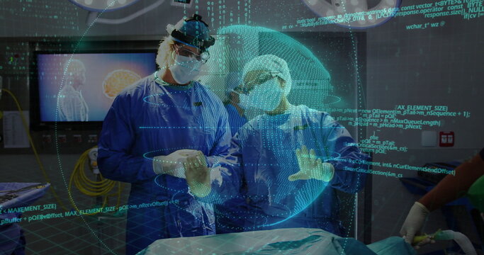 Studying two surgeons wearing blue gowns reviewing brain hologram at OR table, with code overlays