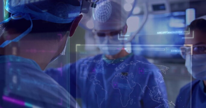 analyzing surgical team examining patient in surgery room, with holographic map and monitors
