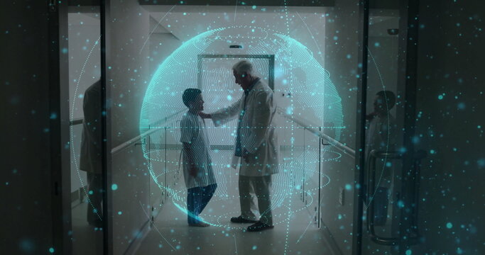 Placing hand on shoulder doctor in lab coat soothing patient in hospital corridor, digital hologram