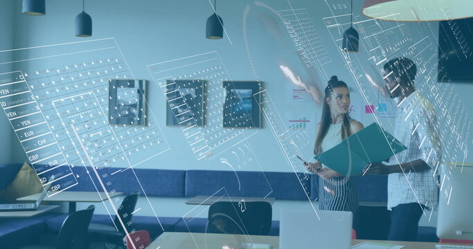 Two colleagues viewing digital overlays near laptop in coworking lounge with smartphone, copy space