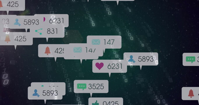 Floating notification bubbles showing social media icons with counters over dark data stream