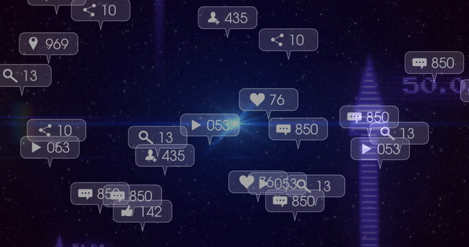 Displaying social media metric icons hovering in virtual interface, with hearts and share arrows