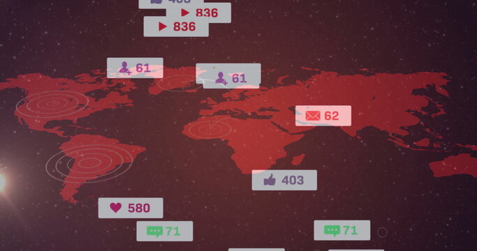 Displaying stylized red world map on starry sky, with floating social media icons and radar rings