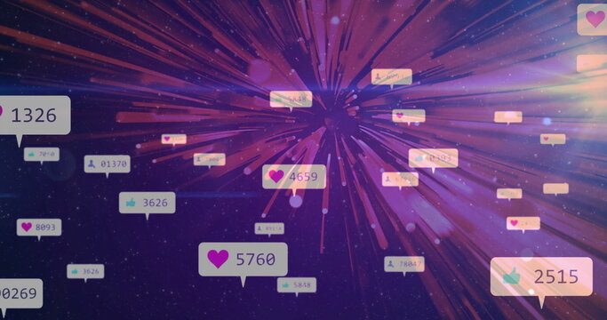 Showcasing callouts swirling in starfield with heart thumbs-up user icons and numeric counters - Powered by Adobe