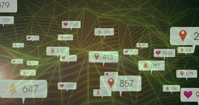 Floating cluster of badges hovering over green wireframe grid, with heart bell pin icons and counts