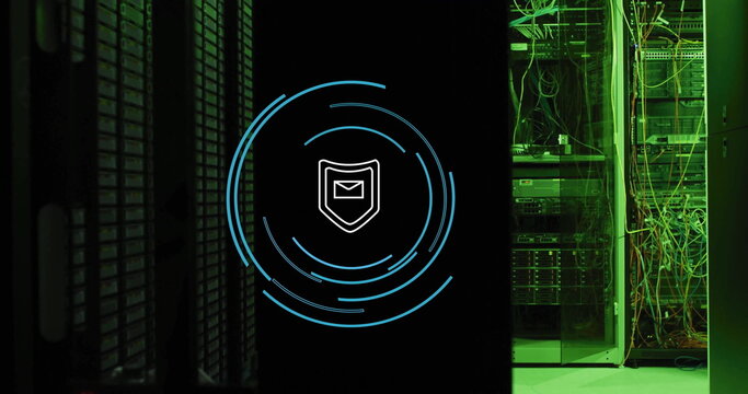 Showing shield with envelope icon hovering over data center corridor, network cables and blue lines
