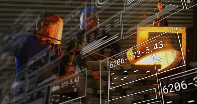 Foundry team wearing face shields pouring molten metal in foundry, with crucible  and  digital overl