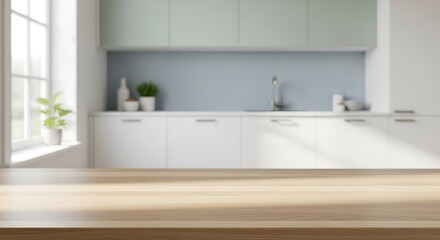 Light oak table surface with blurred pastel Scandinavian kitchen, white cabinets and muted tones in natural daylight, bright lifestyle photography for home branding and contemporary interior content