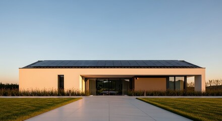 Obraz premium Minimalist villa with flat roof solar panels, sleek black design captured from low wide angle, pastel blue sky and golden hour light with stone pathway foreground, modern architecture photography