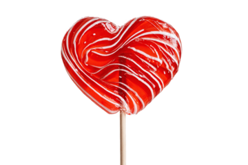 Heart-shaped red and white striped lollipop, isolated on white transparent background