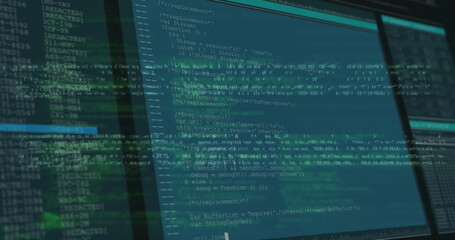 Displaying multi-monitor code with terminal and editor panels at workstation, with digital overlay