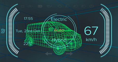 Displaying neon green wireframe van in grid chamber, with drive mode selector and speed readout