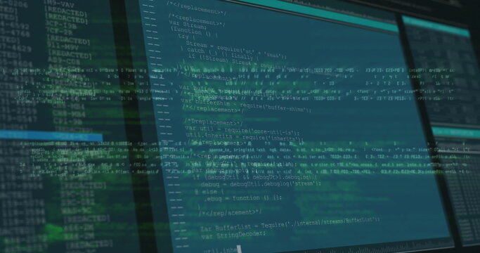 Displaying multi-monitor code with terminal and editor panels at workstation, with digital overlay