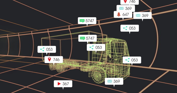 Fototapeta Moving neon wireframe semi-truck navigating neon digital grid tunnel, with floating data labels