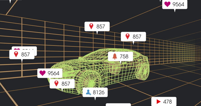 Fototapeta Displaying neon-green wireframe car rotating inside orange grid space, with floating notifications