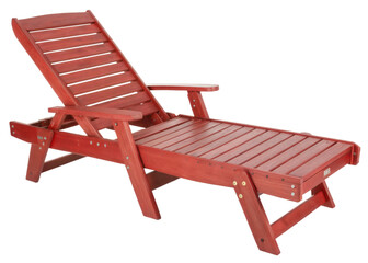 Red wooden deck lounge chair, cutout transparent background