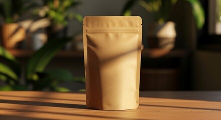 Kraft brown standing pouch on rustic wooden table with blurred green plants, eco-friendly product photography for artisanal packaging branding