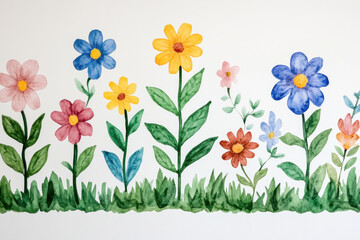 Obraz premium Watercolor illustration of colorful wildflowers arranged in a neat row with vibrant petals, green stems, and grasses, evoking a cheerful garden scene on a clean white background.
