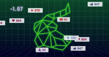 Floating green low-poly shape above dark blue grid floor in data interface, showing metric icons
