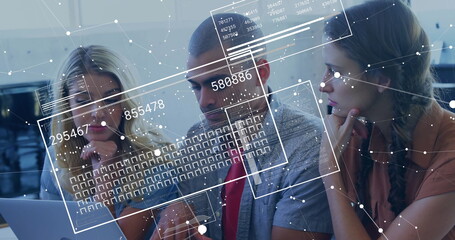 Collaborating three professionals in business attire analyzing laptop in workspace, with overlays