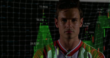 Displaying athlete wearing red-white jersey in studio with goal net, charts showing numeric labels