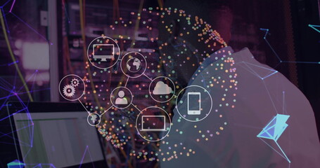 Inspecting technician in collared shirt examining server racks in data center, with network icons