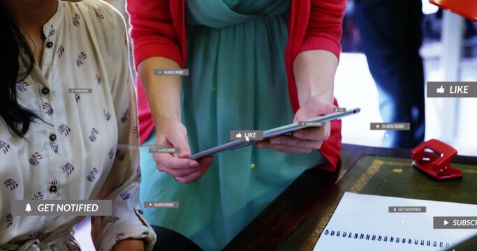 Presenting social media metrics woman in teal dress holding tablet at office, with digital icons