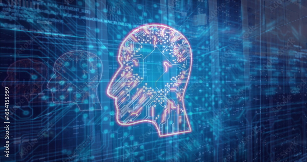 Wall mural pulsing neon pink head profile emitting circuit patterns in virtual data space, with matrix code