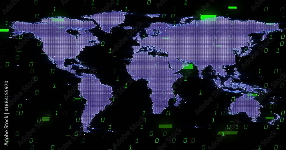 Wall mural pixelated purple world map displaying in virtual space, with green binary code and glitch bars