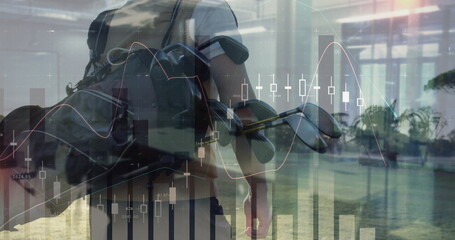 Man wearing golf attire carrying golf bag inside atrium, with candlestick and line chart overlays
