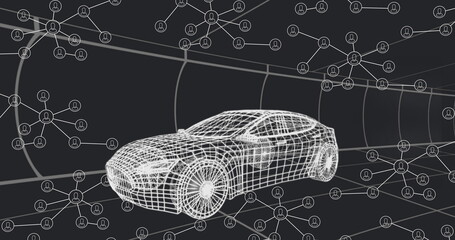 Presenting wireframe car model floating in digital tunnel environment, with network node icons
