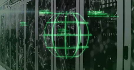 Projecting green holographic globe hovering above server racks in data center, with LED indicators