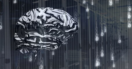 Floating metallic brain pulsing amid falling binary code streams in dimly lit server room