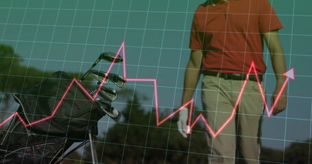 Standing golfer wearing red polo and white glove on fairway, with golf bag and graph overlay