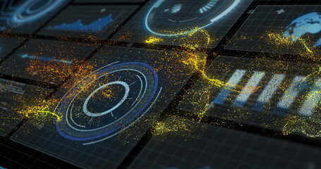 Displaying holographic radar linking chart panels in high-tech dashboard with gold particle streams