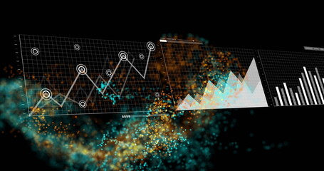 Floating line, area and bar charts on grids in dark space, with markers and glowing particles