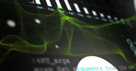 Undulating green 3D mesh wave over dark interface with Jan-Apr bar chart, cyan-white code fragments