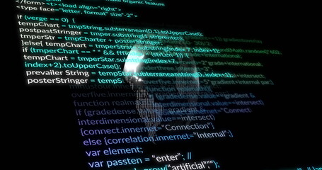 Floating programming code lines surrounding glowing wireframe globe in virtual digital interface