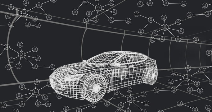 Presenting wireframe car model floating in digital tunnel environment, with network node icons