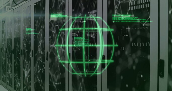 Projecting green holographic globe hovering above server racks in data center, with LED indicators - Powered by Adobe