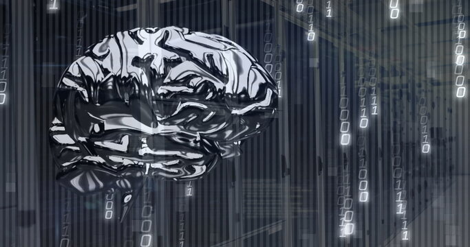 Floating metallic brain pulsing amid falling binary code streams in dimly lit server room